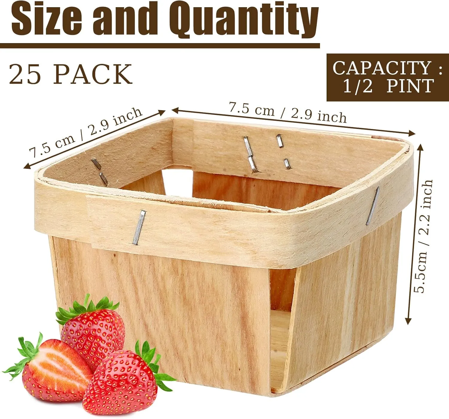 25 Mini Wooden Gift Baskets, 1/2 Pint Vented Square Boxes for Fruit Picking 3 x 3 x 2.2 inches