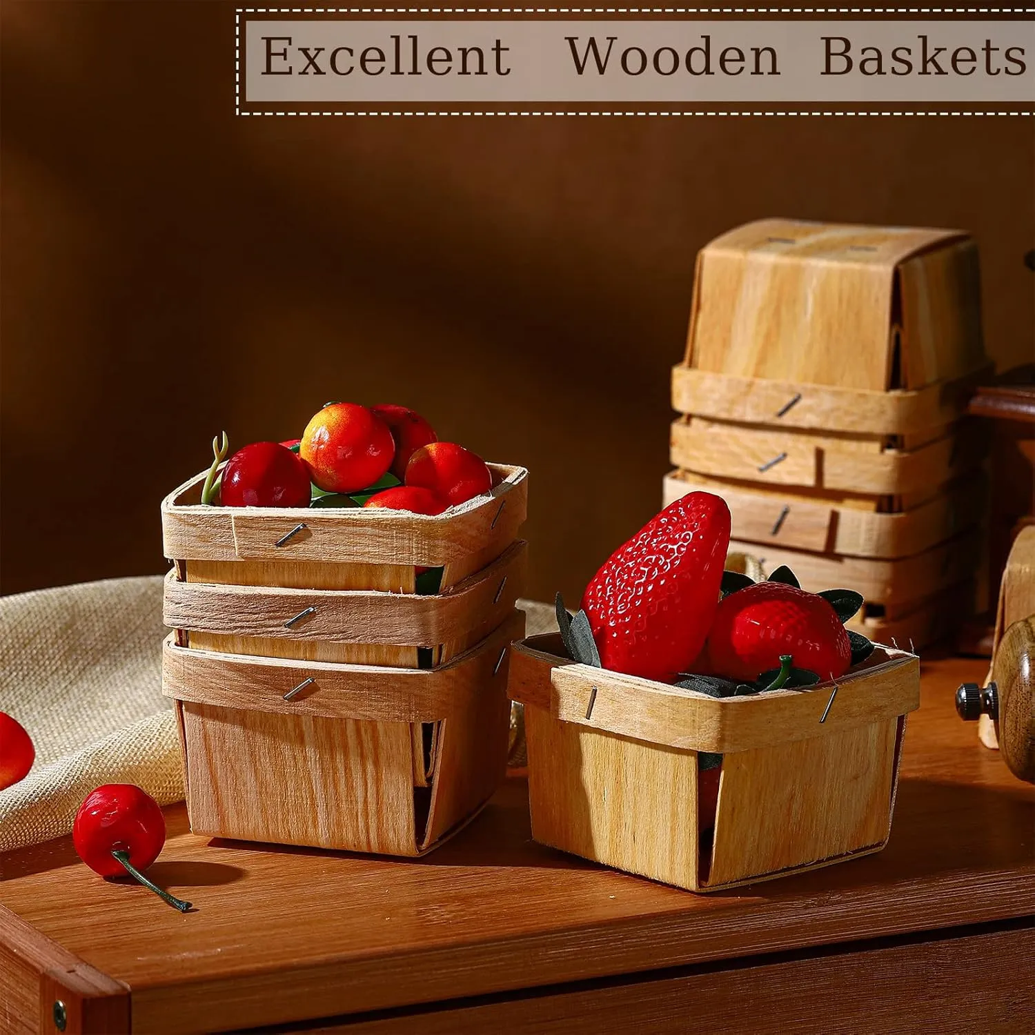 25 Mini Wooden Gift Baskets, 1/2 Pint Vented Square Boxes for Fruit Picking 3 x 3 x 2.2 inches