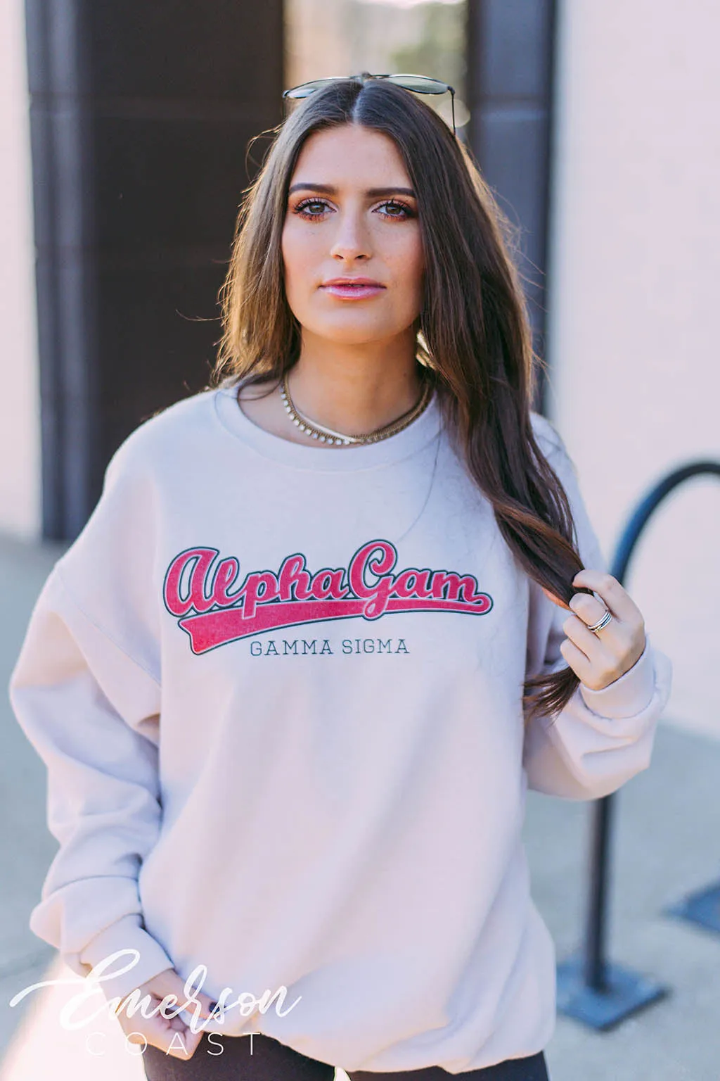 Alpha Gam Collegiate Sand Crewneck