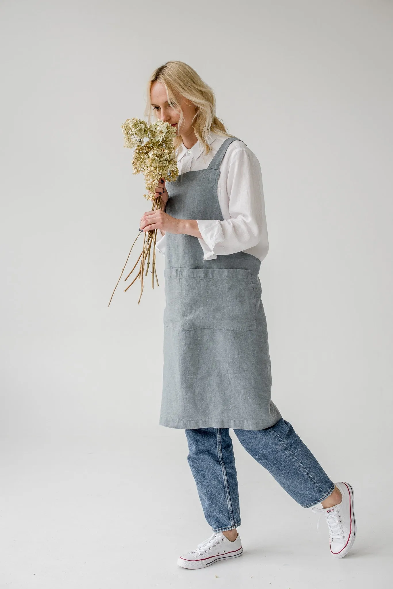Blue Fog Crossback Linen Apron