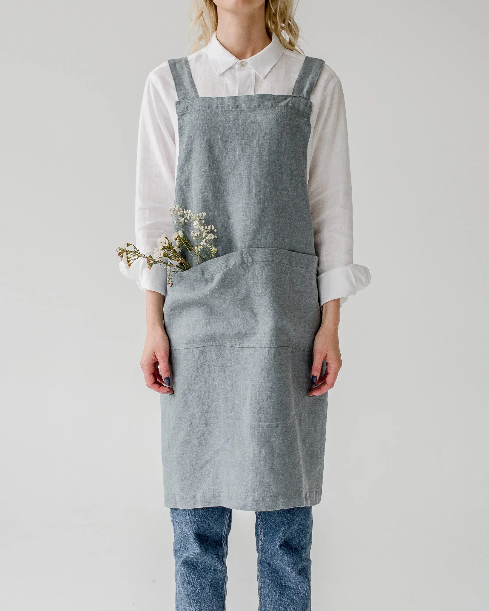 Blue Fog Crossback Linen Apron