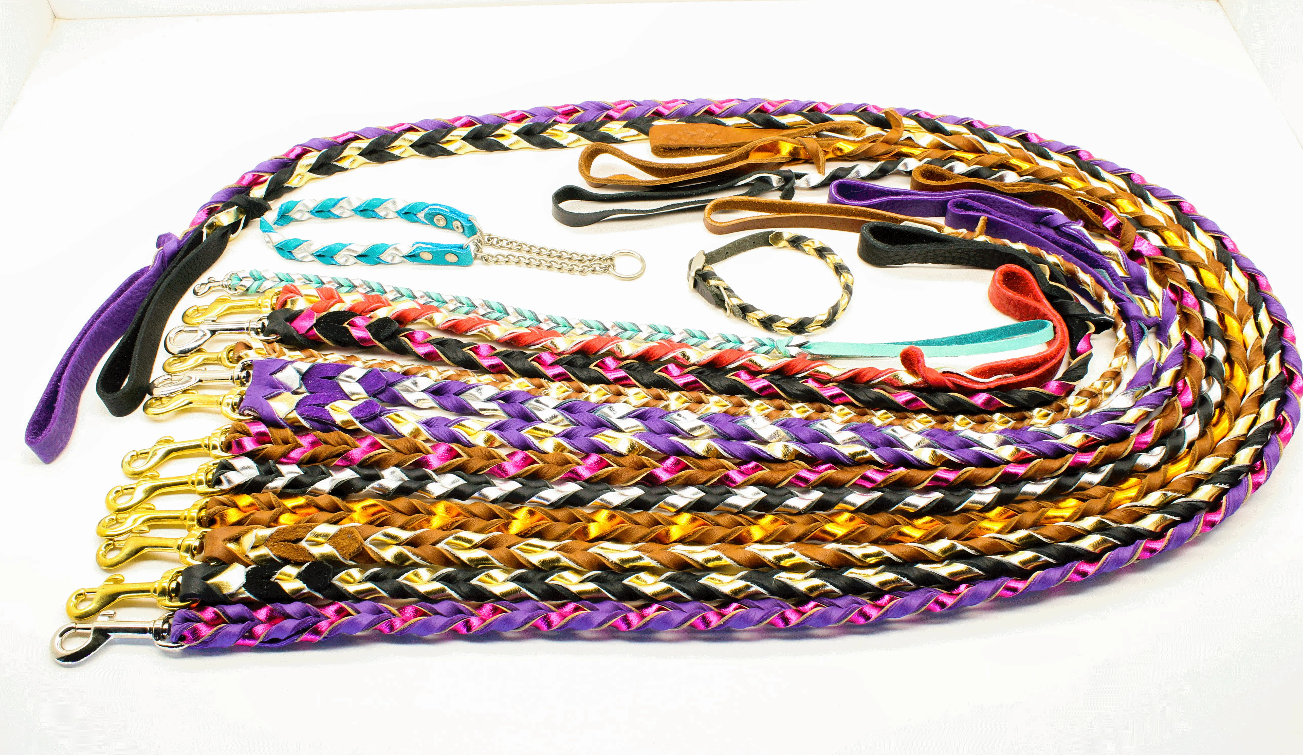 Braided Leather Leash - Metallic Leather Two Tone