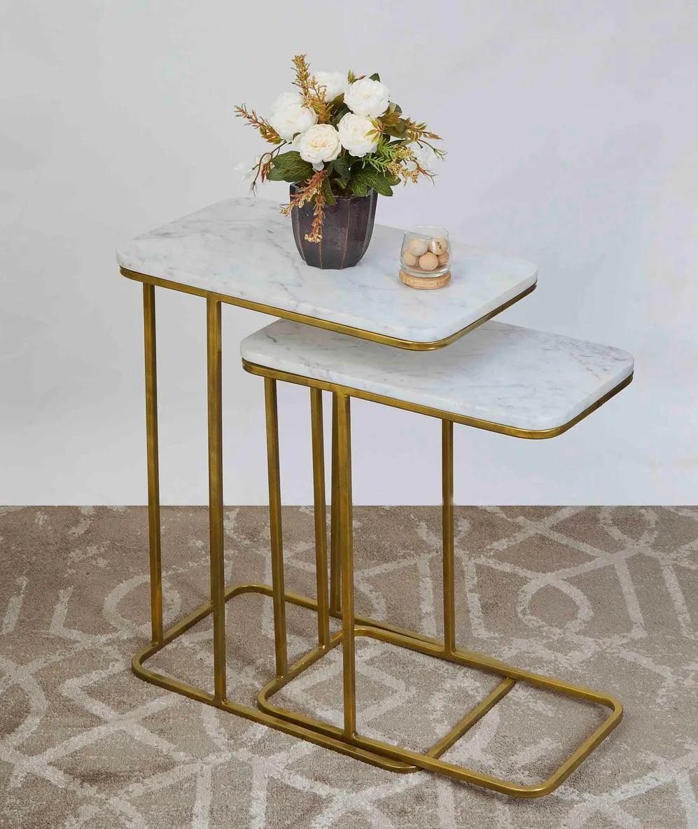 ELEGANT Sofa Side Golden Rectangular Nesting Tables - Modern Marble Top