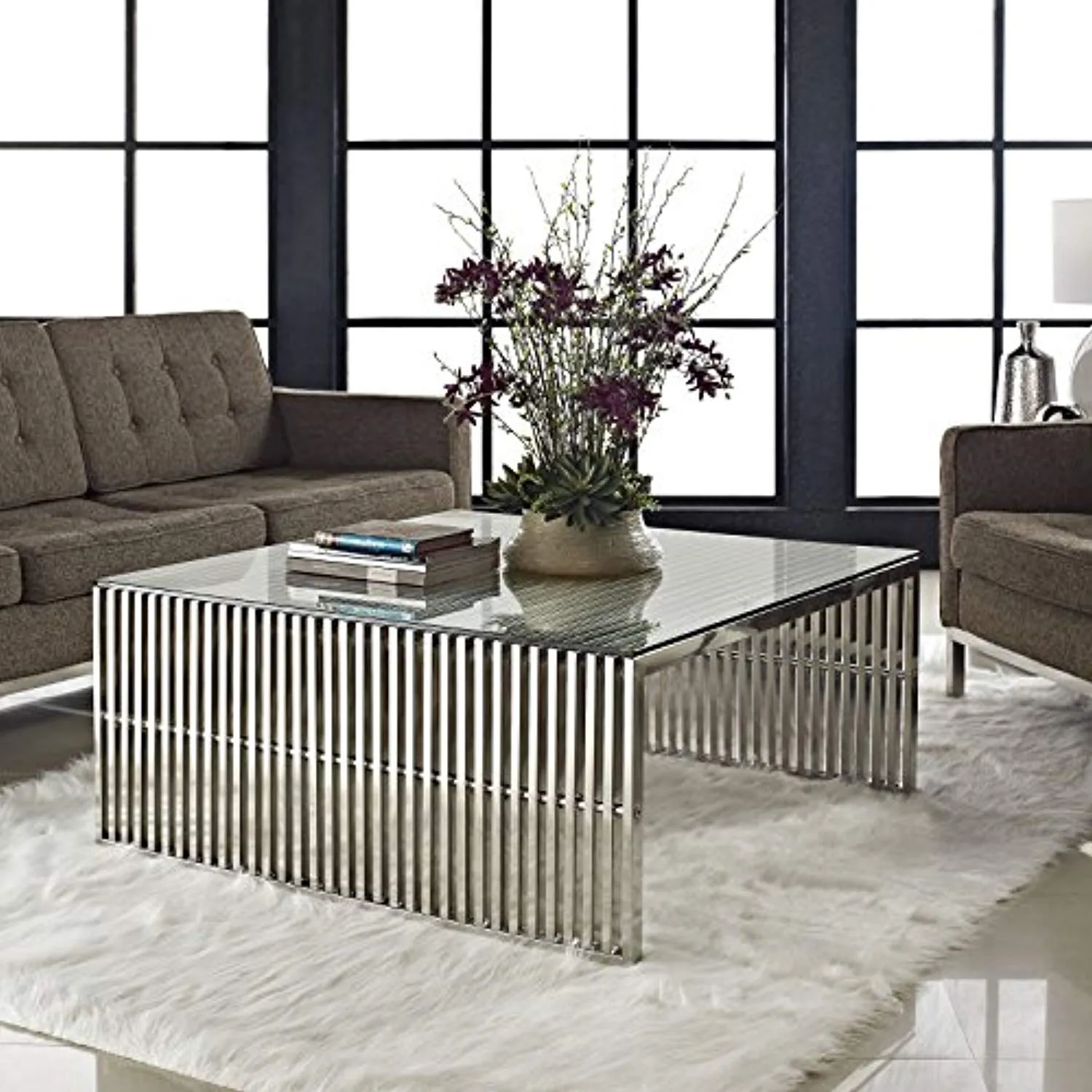 Gridiron Stainless Steel Coffee Table With Tempered Glass Top