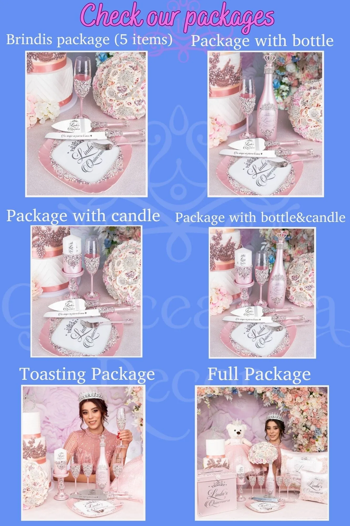 Light Blue Gold  quinceanera brindis package with candle