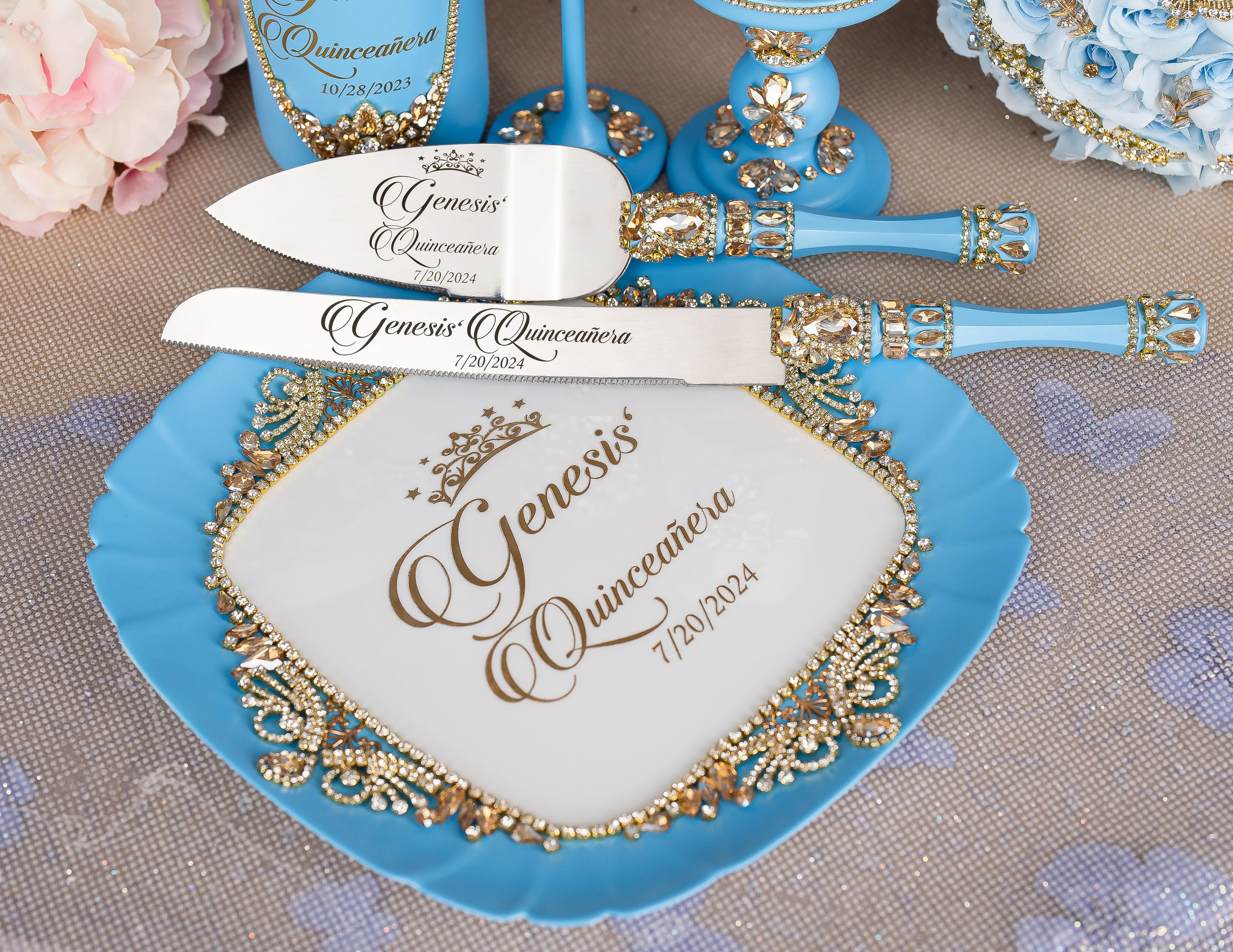 Light Blue Gold  quinceanera brindis package with candle