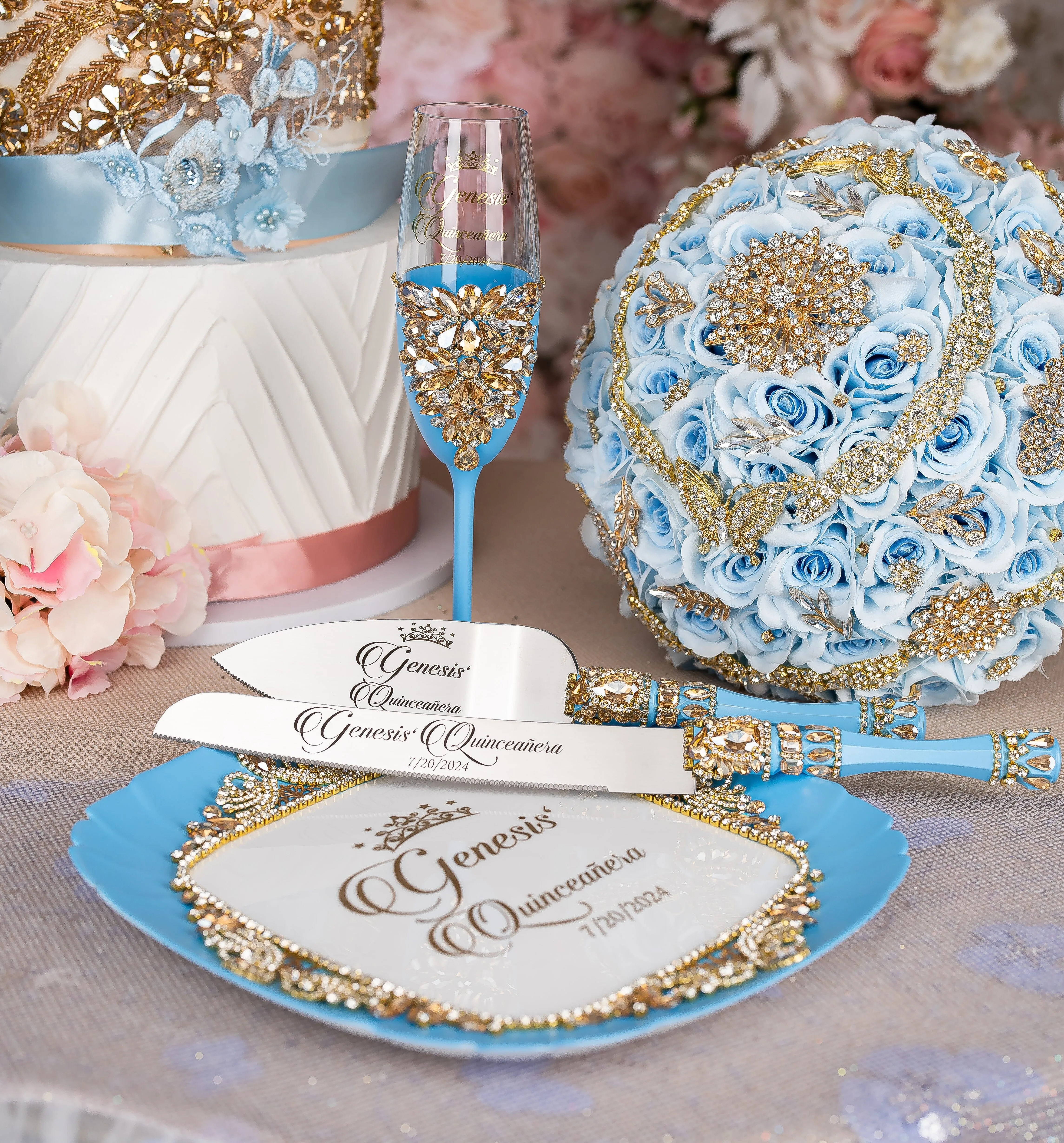 Light Blue Gold  quinceanera brindis package with candle
