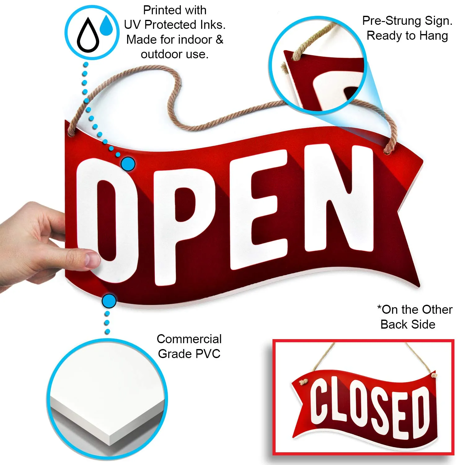 Open Closed Sign for Business Door - Reversible Double Sided with Rope for Hanging - Red