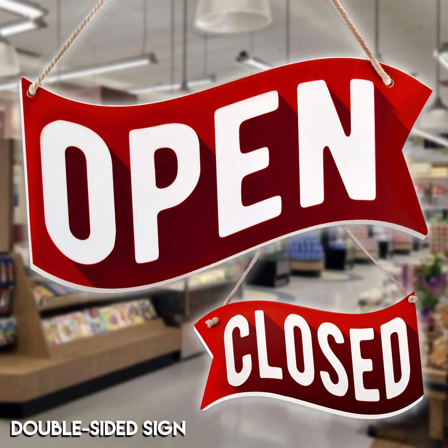 Open Closed Sign for Business Door - Reversible Double Sided with Rope for Hanging - Red