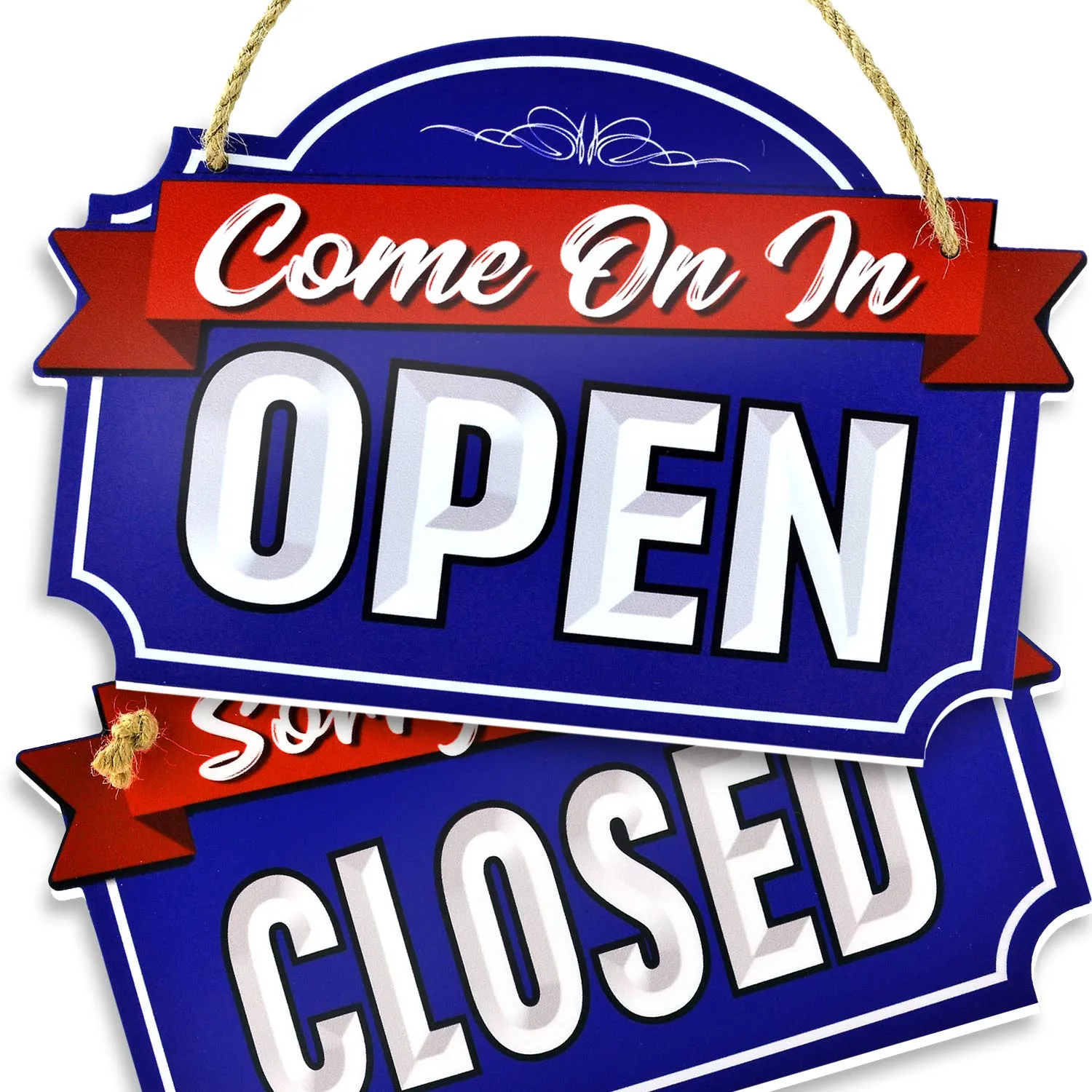 Open Closed Sign for Business Door - Reversible Double Sided with Rope for Hanging - Red