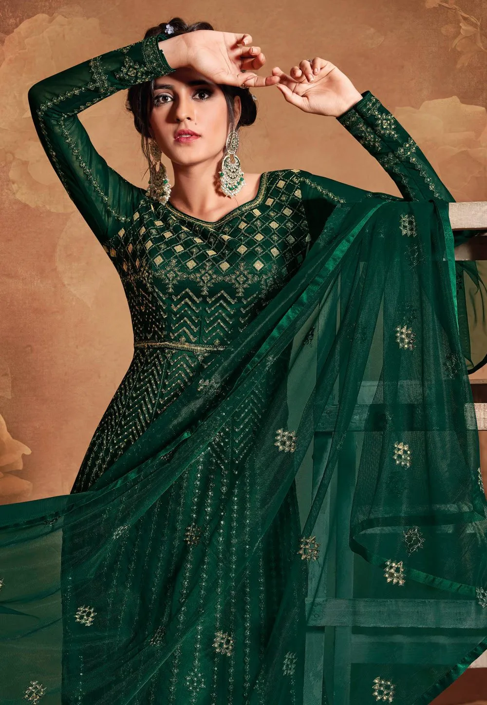 Royal Green Net Embroidered Floor Length Anarkali Suit