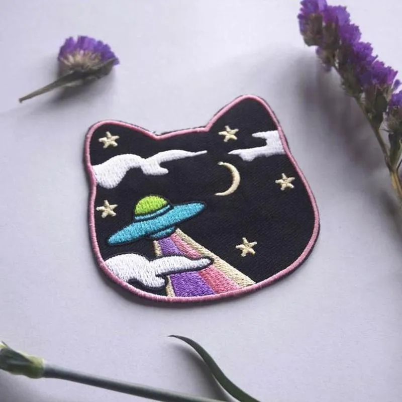 Space Cat Cute UFO Iron On Patch