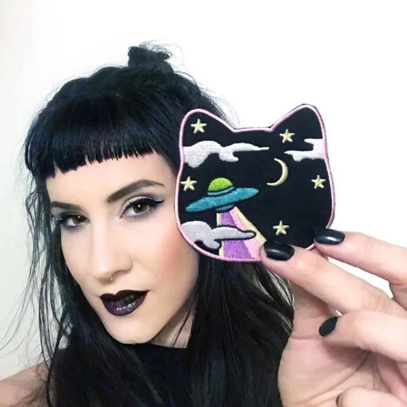 Space Cat Cute UFO Iron On Patch