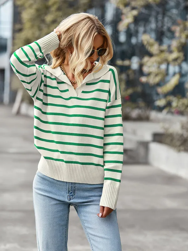 Women's Casual Collared Striped Soft Jumper
