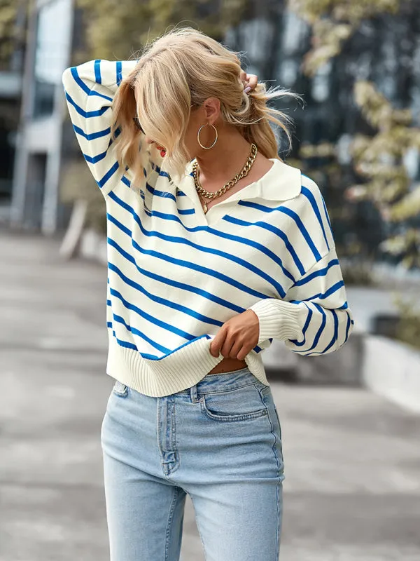 Women's Casual Collared Striped Soft Jumper