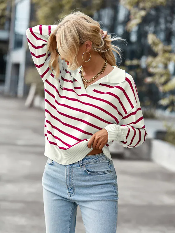 Women's Casual Collared Striped Soft Jumper