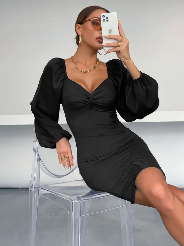 Women's long-sleeved v-neck package hip dress dress